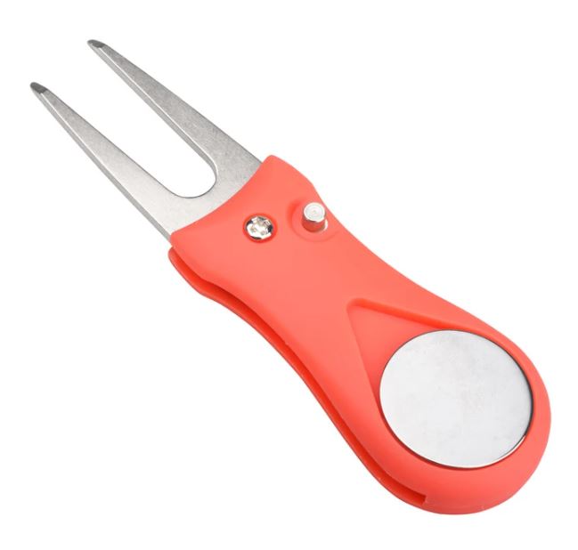 Red Golf Divot Repair Tool With Ball Marker